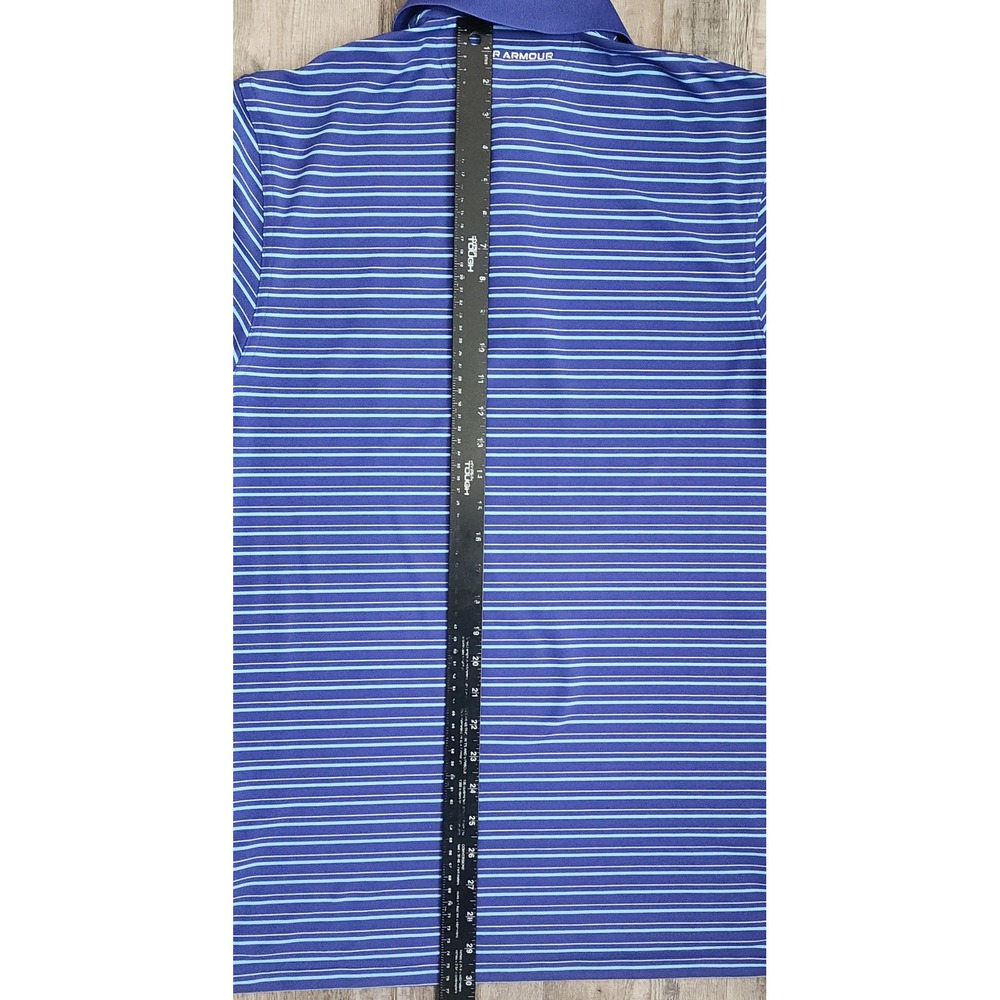 Under Armour Polo Shirt Mens Small Blue Striped Heatgear Loose Fit Short Sleeve - Picture 5 of 6